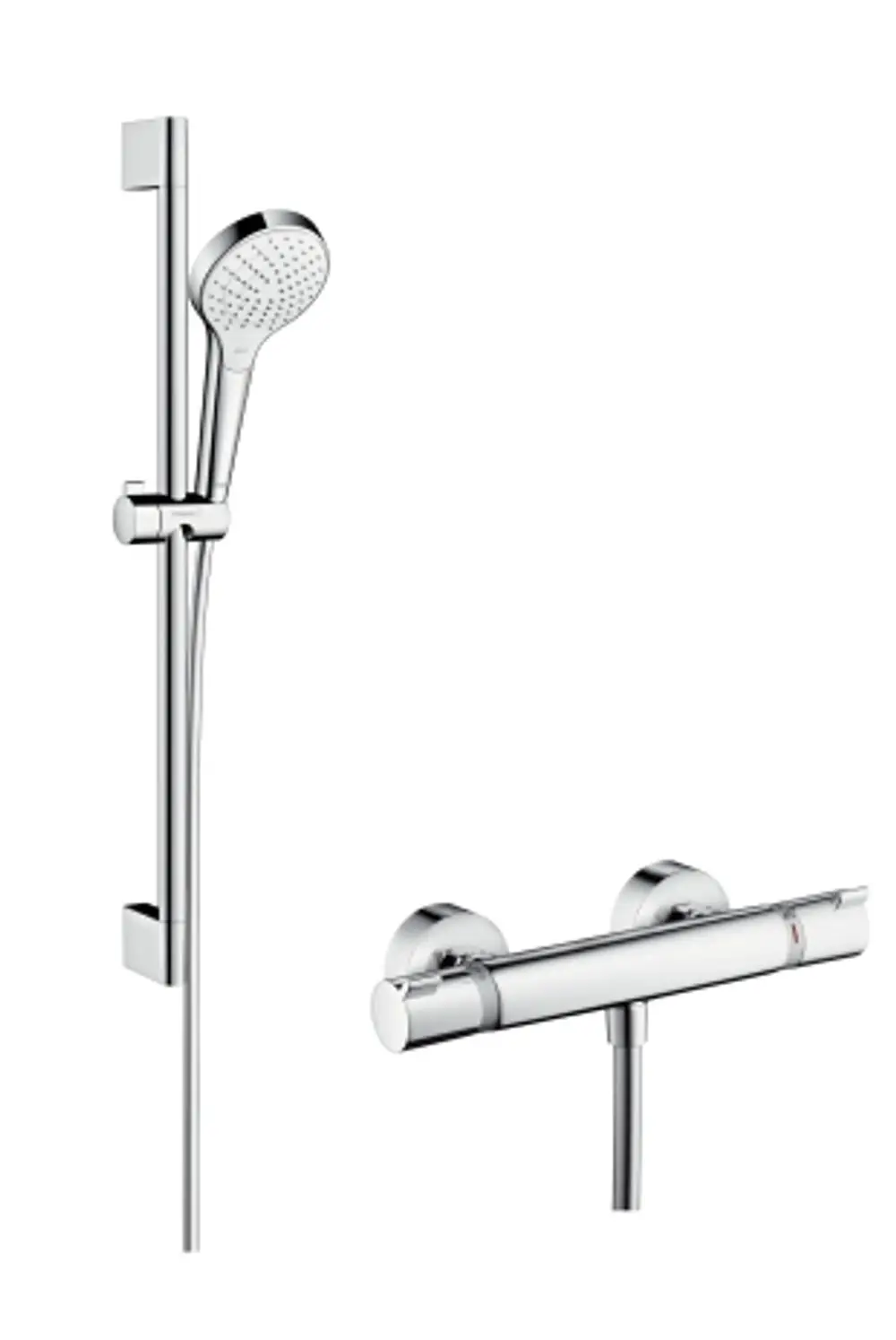 Hansgrohe Brausesystem mit einer Handbrause, Montageschiene und einem Thermostat. Die Oberfläche ist in Chrom gehalten.